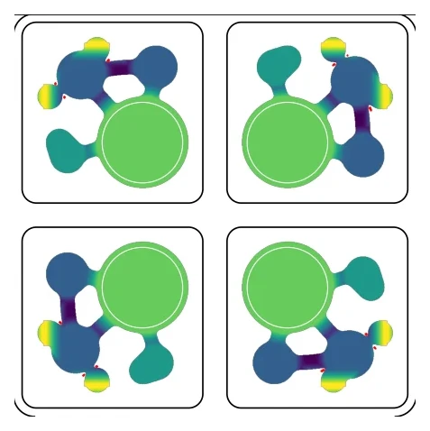 Chamber depth map of Four Corners showing four identical quadrants around their water wells