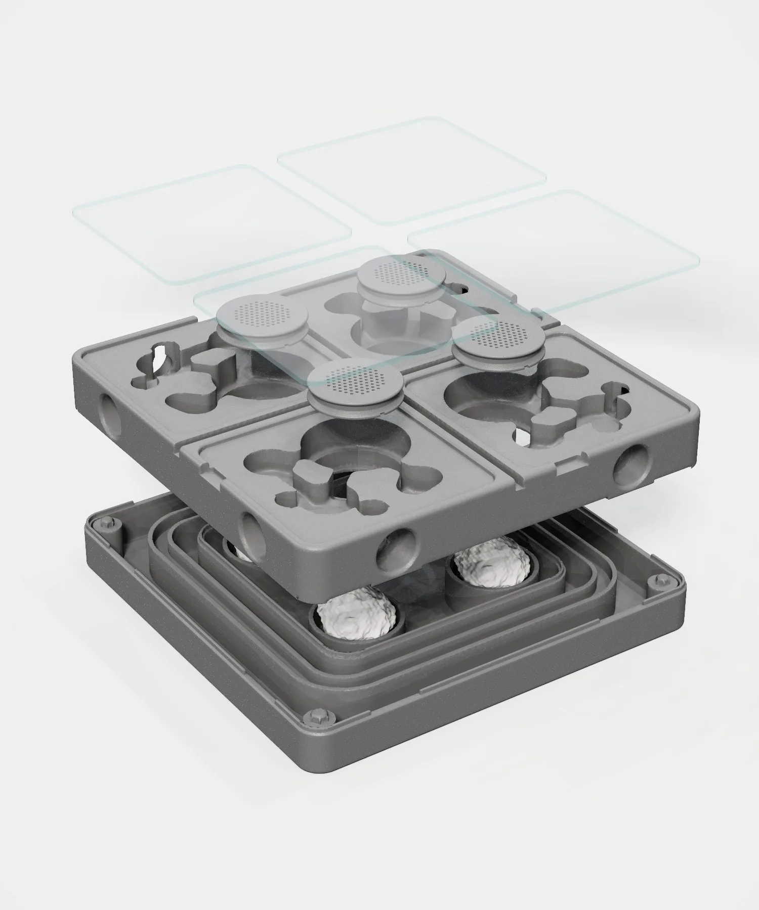 Four Corners taken apart: four clear lids, four Hydration Inserts, the top with its chambers, and the base with the cotton cups