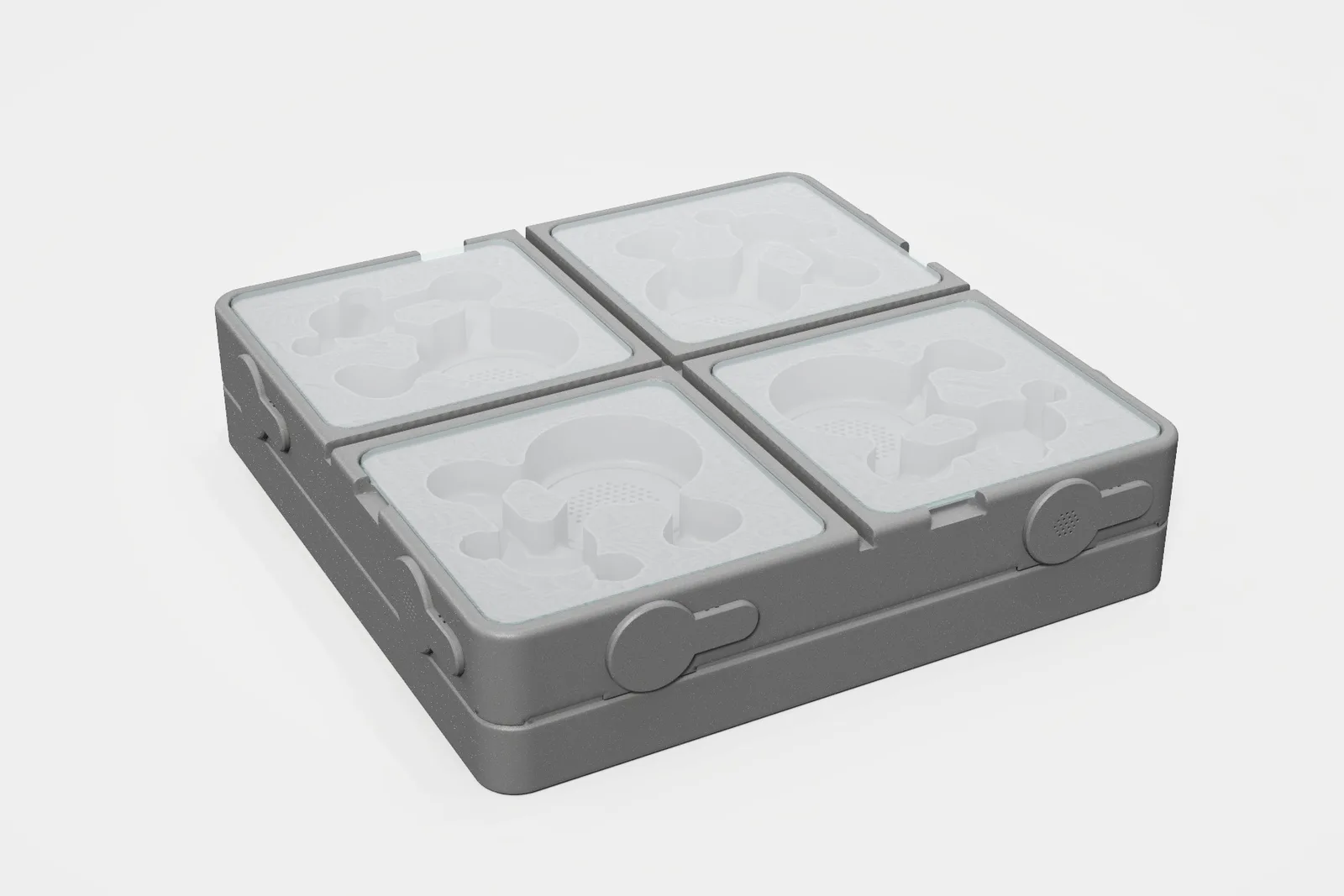 Four Corners with its four clear lids on, one over each quadrant