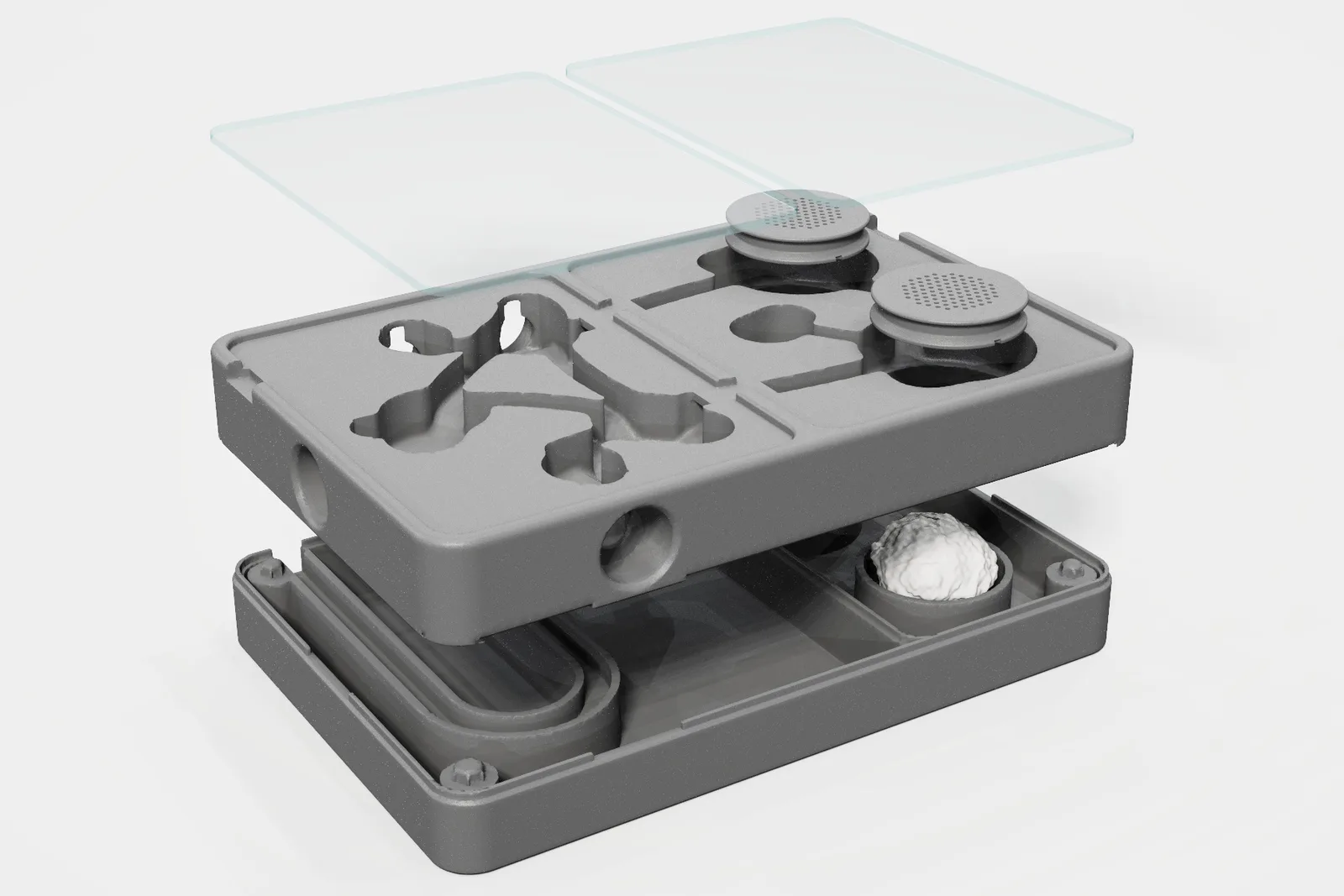 Exploded view of the Homestead: cotton cups, water floors, nest and lids