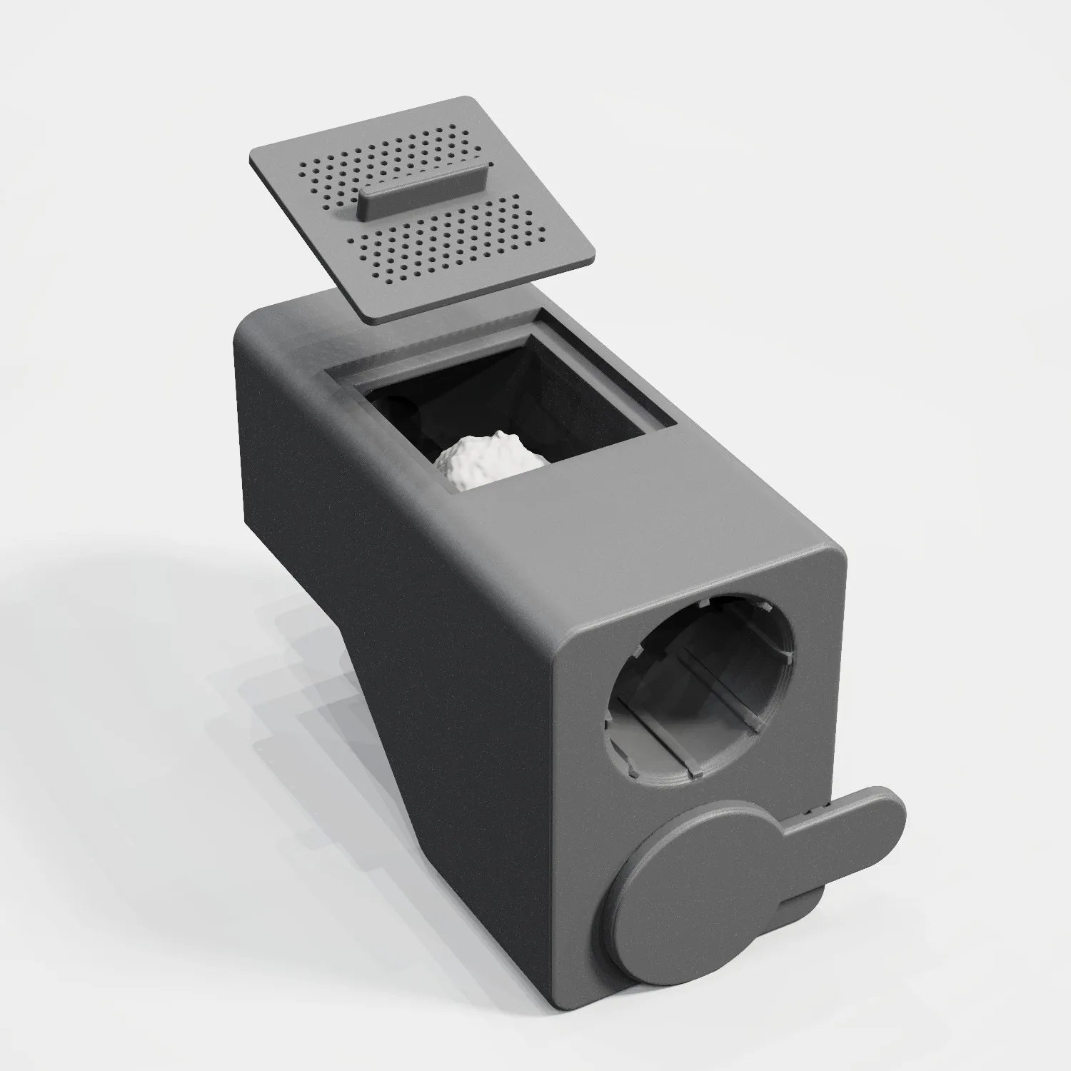 The Move-In Dock with its vented lid lifted, a cotton stopper in its chamber and a Port Plug parked on its end
